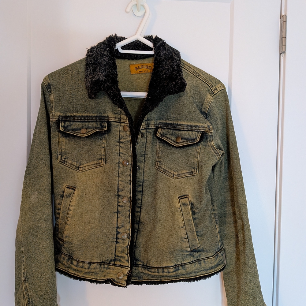 Vtg Sherpa Trim Collar Lined Denim Jacket Daniel Jeans Black wash USA Sz M Y2K